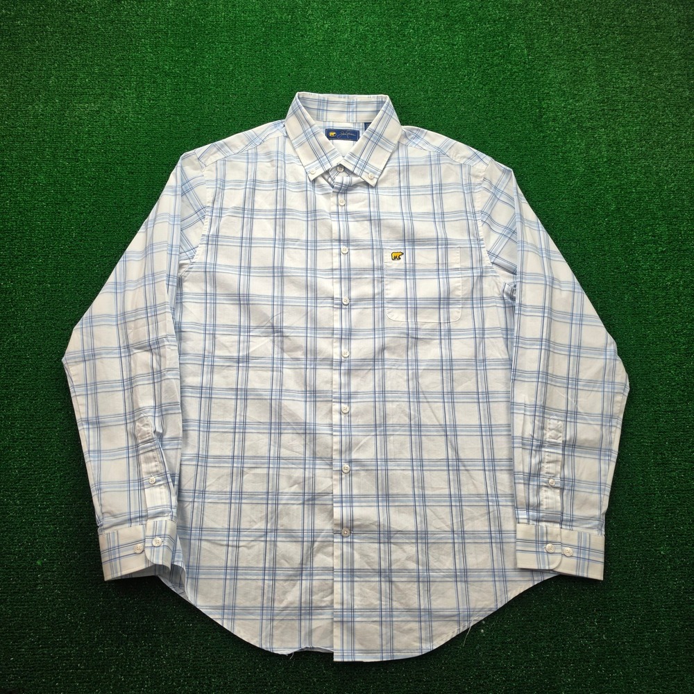 Jack Nicklaus Golden Bear Shirt Mens‎ Large White Blue Plaid Button Down Preppy